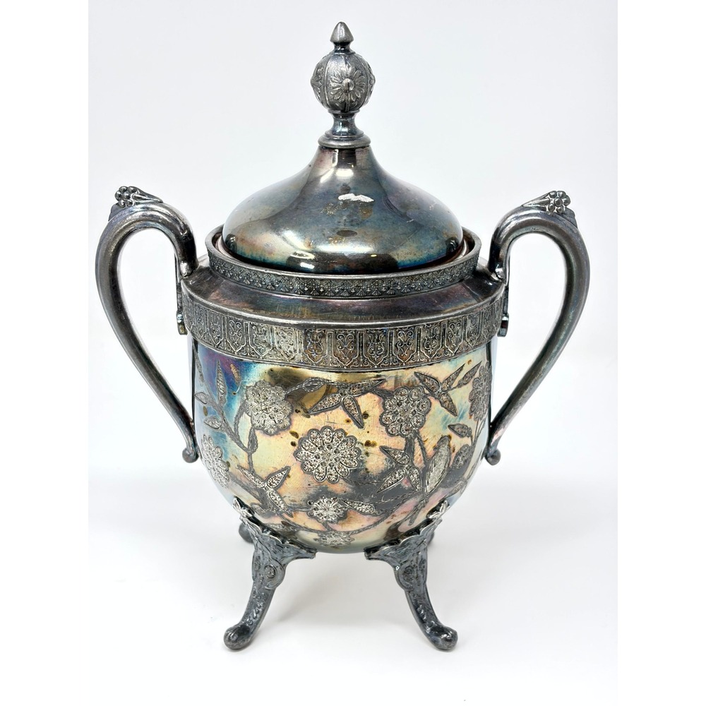Reed and Barton Silver Plate Aesthetic Movement Bird Floral Sugar Bowl 9"